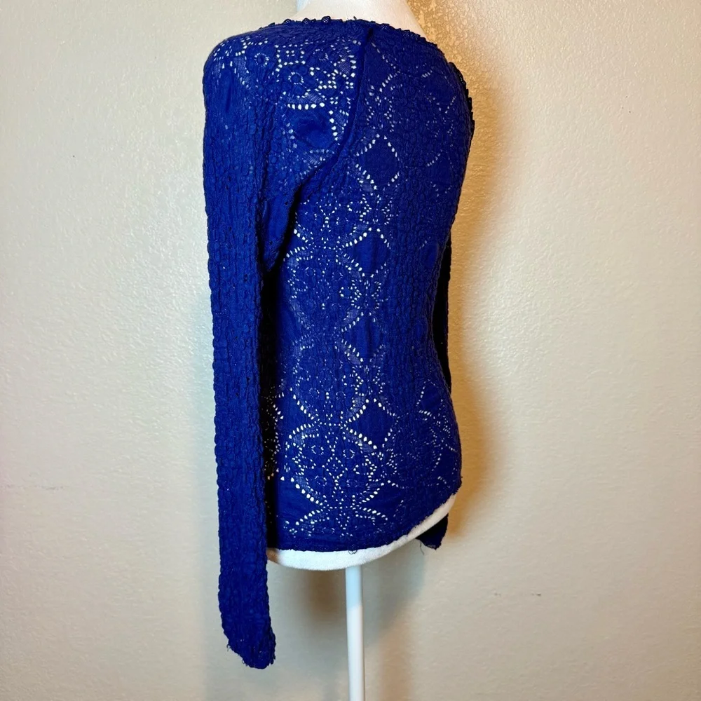 Free People Sunny Pucker Lace Long Sleeve Stretchy Top Blue Size XS